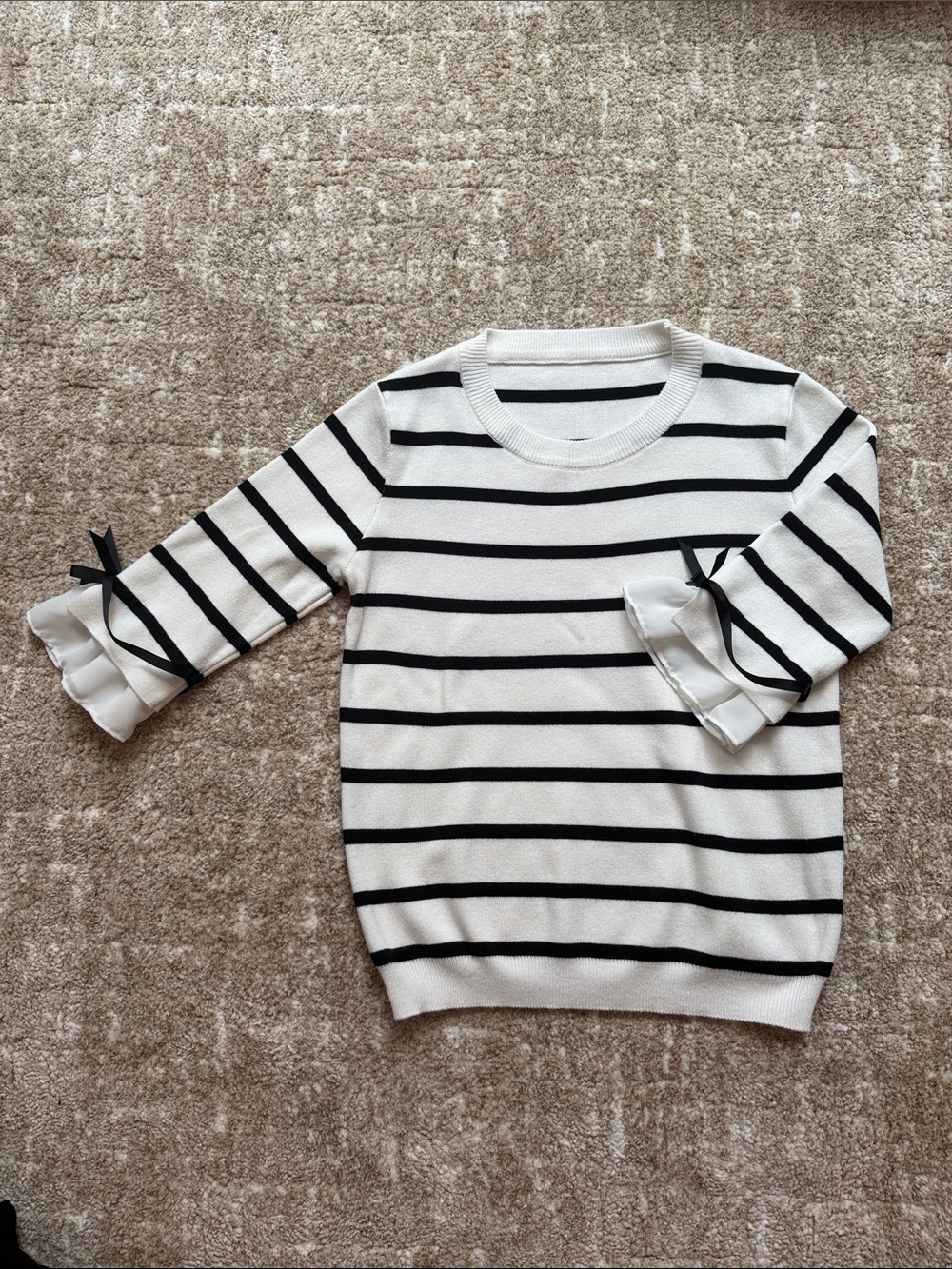 White & Black Striped Ruffle Sleeve Sweater